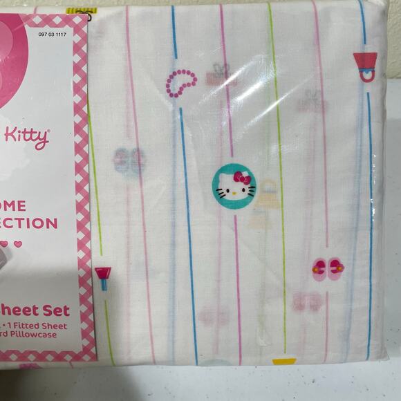 Vintage Y2k Hello Kitty Twin Sheet Set Flat Fitted & Pillowcase Mod Shopper NEW - Picture 2 of 7
